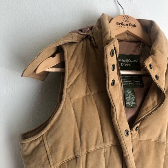 Eddie Bauer size Medium Petite Leather Suede Down Puffer Hooded Vest - Picture 2 of 7